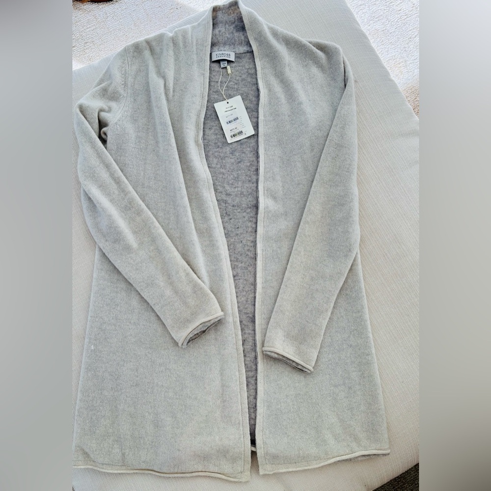 KINROSS 100% Cashmere 3/4 Length Ivory and Light Grey Cardigan Sweater.